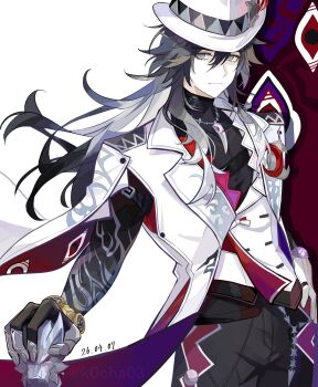 Rule 34 | 1boy, ashveil (honkai: star rail), black hair, black pants, black shirt, cane, commentary request, crescent, crescent pin, fedora, gloves, gradient hair, hat, hat ornament, highres, holding, holding cane, honkai: star rail, honkai (series), jacket, jewelry, k0cha03, lapel pin, long hair, male focus, multicolored hair, necklace, pants, purple eyes, shirt, single glove, solo, tooth necklace, turtleneck, white gloves, white hair, white hat, white jacket