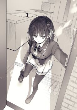 1girl absurdres artist_request black_shoes black_socks black_thighhighs blazer blush bow bowtie braid breasts cleaned closed_mouth collared_shirt cover cover_page doorway dot_nose female_focus full_body hair_ribbon highres horikita_suzune indoors jacket large_breasts looking_at_viewer manga_cover manga_illustration manga_page miniskirt monochrome official_art pleated_skirt ribbon school_uniform shirt shoes short_hair single_braid skirt socks solo solo_focus thighhighs white_shirt white_shoes white_skirt youkoso_jitsuryoku_shijou_shugi_no_kyoushitsu_e zettai_ryouiki