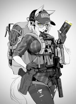 1girl absurdres ammunition_pouch animal_ears arktic aviator_sunglasses b&amp;t_mp9 backpack bag baseball_cap breasts bulletproof_vest card cat_ears cat_girl cat_tail checkered_clothes checkered_shirt clothes_writing collared_shirt commentary ears_through_headwear english_commentary escape_from_tarkov gloves grey_hair gun hand_on_own_hip handgun hat headset highres holding holding_card holster large_breasts limited_palette load_bearing_vest looking_at_viewer magazine_(weapon) medium_hair military military_combat_uniform military_uniform monochrome open_mouth optical_sight original pantyhose parted_lips pickaxe pouch rope shirt shorts sidelocks signal_(arktic) signature simple_background sleeves_rolled_up solo submachine_gun sunglasses suppressor tactical_clothes tail torn_clothes torn_pantyhose vertical_foregrip walkie-talkie weapon white_background yellow_eyes