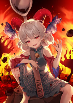 1girl armpit_crease bare_shoulders blue_shirt blue_skirt curly_hair detached_sleeves fiery_background fire highres holding holding_spoon horn_ornament horn_ribbon horns looking_at_viewer meandros miy@ on_rock open_mouth oversized_object red_eyes red_horns red_sleeves ribbon sharp_teeth sheep_horns shirt short_hair sitting skirt sleeveless sleeveless_shirt slit_pupils solo spoon teeth touhou toutetsu_yuuma watermark white_hair wide_sleeves