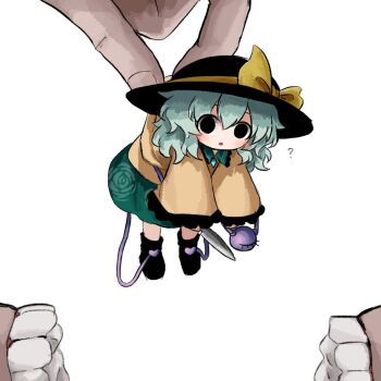 1girl 1other :o ? ankle_boots black_boots black_eyes black_hat blouse blush boots bow buttons commentary diamond_button floral_print frilled_shirt_collar frills green_hair green_skirt hat hat_bow hat_ribbon heripantomorrow holding holding_knife holding_mini_person imminent_vore knife komeiji_koishi long_sleeves looking_at_viewer medium_hair mini_person minigirl open_mouth print_skirt ribbon rose_print shirt skirt teeth third_eye touhou white_background wide_sleeves yellow_bow yellow_ribbon yellow_shirt