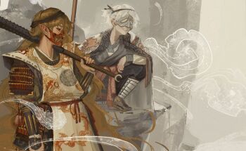 Rule 34 | 2others, absurdly long hair, adapted costume, androgynous, armor, black headband, black kimono, black pants, black ribbon, black socks, bracer, brown headband, brown sandals, club, club (weapon), covered mouth, cowboy shot, dragon print, expressionless, eye mask, eyelashes, fingernails, fujiwara no iyozane, full body, green hair, grey background, grey mask, grin, hachimaki, hair ribbon, haori, hatsburg, headband, highres, holding, holding club, holding weapon, jacket, jacket on shoulders, japanese armor, japanese clothes, kariginu, kimono, knee up, len'en, lips, long hair, long sleeves, looking ahead, mask, mountain, mouth mask, multiple others, one side up, oni mask, other focus, over shoulder, pants, pauldrons, pointy ears, poleyn, print jacket, purple kimono, realistic, red eyes, red mask, ribbon, sandals, sharp teeth, shirt, shirt under kimono, shoulder armor, smile, socks, spiked club, taira no fumikado, teeth, very long hair, wavy hair, weapon, weapon over shoulder, white hair, white jacket, white shirt, xiangyun, zouri