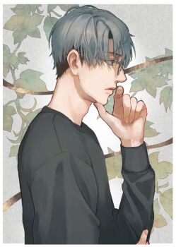 1boy border brown_eyes closed_mouth curtained_hair from_side glasses grey-framed_eyewear grey_hair grey_sweater hand_on_own_chin highres hitotsubashi_ayato hitotsubashi_ayato_(2nd_costume) long_sleeves looking_ahead male_focus nijisanji plant profile short_hair signature solo sweater umino_kiri undercut upper_body virtual_youtuber white_border