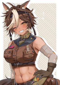 1girl abs absurdres animal_ears blush breasts brown_eyes brown_gloves brown_hair brown_jacket brown_shorts commentary cropped_jacket english_commentary fuyu_2320 gloves hand_on_own_hip highres horse_ears horse_girl horse_tail indie_virtual_youtuber jacket large_breasts looking_at_viewer muscular muscular_female one_eye_closed second-party_source shorts smile solo tail tomoe_umari tomoe_umari_(umari_3.0) virtual_youtuber white_streaks