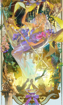 1girl absurdres blonde_hair blue_flower bouquet bow braid cup dress flower food fountain fruit full_body grapes hair_flower hair_ornament hair_over_shoulder hammock hand_up highres holding holding_cup holding_staff jewelry jishikou lips long_hair looking_afar necklace on_hammock original parted_lips pink_flower pink_lips plant purple_bow purple_dress purple_eyes purple_flower sitting solo_focus staff statue tassel toasting_(gesture) vines