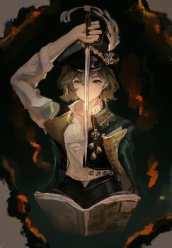 1girl arm_up black_background black_vest book brown_hair cape commentary english_commentary green_cape green_eyes green_hat hat hat_feather highres holding holding_sword holding_weapon mole mole_under_eye newsboy_cap open_book recoleta_(reverse:1999) reverse:1999 san1tize2 shirt short_hair solo sword upper_body vest weapon white_shirt