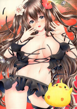 1girl azur_lane bikini bikini_skirt black_bikini black_eyes breasts brown_hair cleavage commentary cross-laced_bikini cross-laced_clothes flower fubuki_(senran_kagura) fubuki_(sunset_witch)_(senran_kagura) hair_flower hair_ornament highres large_breasts long_hair looking_at_viewer manjuu_(azur_lane) marker_(medium) official_alternate_costume red_flower saya_pr senran_kagura senran_kagura_new_link solo swimsuit traditional_media untied_bikini_top very_long_hair white_flower