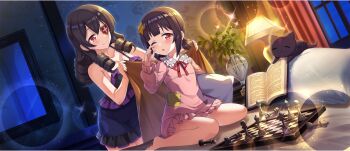 2girls armpit_crease arue_(konosuba) bed bedroom black_cat blanket blunt_bangs board_game book breasts brown_hair cat chess chess_piece chessboard child chomusuke cleavage collarbone covering_with_blanket desk_lamp drill_hair drill_sidelocks eyepatch frilled_pajamas frills game_cg hair_between_eyes hair_ornament hair_tie hairclip highres holding holding_pillow indoors komekko kono_subarashii_sekai_ni_shukufuku_wo! konosuba!_fantastic_days lamp large_breasts light_blush light_smile long_hair mirror multiple_girls neck_ribbon night official_alternate_costume official_art on_bed one_eye_closed open_book pajamas parted_lips patchwork_clothes pillow pink_pajamas purple_pajamas red_eyes red_ribbon ribbon rubbing_eyes short_hair short_twintails sidelocks sitting sleepy spaghetti_strap star_(symbol) star_hair_ornament twintails vase wariza winged_cat