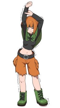 1girl arm_up belt belt_buckle black_belt black_hair black_shirt blunt_bangs boots breasts buckle capelet closed_mouth gardenia_(pokemon) green_boots green_capelet highres long_sleeves looking_at_viewer medium_breasts midriff multicolored_hair navel nintendo one_eye_closed orange_hair orange_shorts pokemon pokemon_diamond/pearl/platinum shirt short_hair shorts solo standing stretching two-tone_hair uzou_(uzooooooooo) white_background