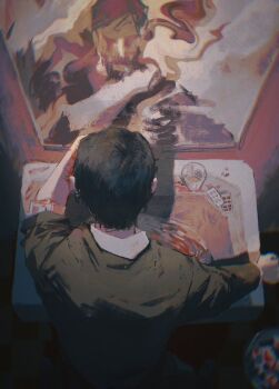 Rule 34 | 1boy, bathroom, black hair, black shirt, cup, different reflection, disco elysium, distortion, from above, jean vicquemare, jidianfan, looking at mirror, looking at reflection, male focus, mirror, pill, reflection, shirt, short hair, sink, solo, upper body