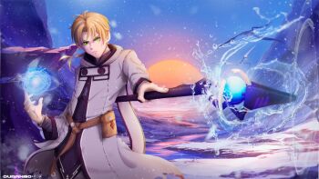 Rule 34 | 1boy, aqua heartia, belt pouch, blue sky, brown hair, casting spell, coat, durango-dg, green eyes, hill, hydrokinesis, looking at viewer, mage staff, male focus, mushoku tensei, outdoors, ponytail, pouch, rudeus greyrat, sky, snow, solo, solo focus, staff, sunset, water