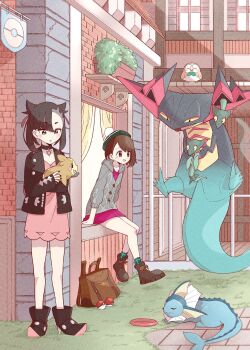 2girls arm_support asymmetrical_bangs bad_id bad_twitter_id black_choker black_footwear black_hair black_jacket bob_cut boots brown_eyes brown_hair building cardigan choker commentary_request curtains dragapult dreepy dress floating full_body gen_1_pokemon gen_7_pokemon gen_8_pokemon gloria_(pokemon) grass green_socks grey_cardigan hair_ribbon hat high_heel_boots high_heels highres holding holding_pokemon jacket long_sleeves looking_down marnie_(pokemon) morpeko morpeko_(full) multiple_girls nintendo open_mouth outdoors pink_dress poke_ball poke_ball_(basic) pokemon pokemon_(creature) pokemon_swsh ribbon rowlet shoes short_hair sitting smile socks standing tam_o&#039;_shanter vaporeon window yurai0739