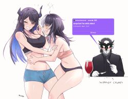 Rule 34 | 1boy, 2girls, alternate costume, asymmetrical horns, black hair, breasts, commentary, cup, drinking glass, english commentary, fork, grey hair, highres, holding, holding fork, holding knife, hololive, hololive english, horns, kivo, knife, large breasts, long hair, mole, mole on thigh, mole under eye, multicolored hair, multiple girls, nerissa ravencroft, panties, shiori novella, simple background, split-color hair, tickling, two-tone hair, underwear, uneven horns, virtual youtuber, white background, wine glass, yellow eyes, yuri