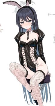 1girl alternate_costume alternate_hairstyle animal_ear_hairband animal_ears black_hair black_hairband black_leotard black_shoes black_shrug blue_archive blue_hair blush breasts clearite colored_inner_hair cross-laced_clothes cross-laced_leotard detached_collar fake_animal_ears fishnet_thighhighs fishnets green_eyes hairband halo high_heels highleg highleg_leotard highres kisaki_(blue_archive) leg_up leotard long_hair multicolored_hair necktie playboy_bunny rabbit_ear_hairband rabbit_ears shoes shrug_(clothing) sitting small_breasts solo stool thighhighs