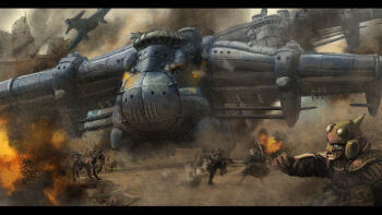 3boys aircraft airship armor battle castle clenched_hand commentary_request explosion fantasy fire horse kaze_no_tani_no_nausicaa keto_chuusa letterboxed military military_vehicle multiple_boys scenery smoke sword weapon