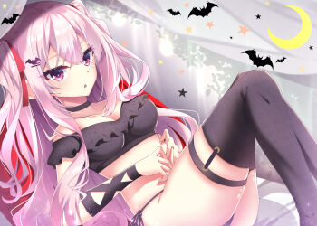 Rule 34 | 1girl, absurdres, alternate costume, alternate hairstyle, arm wrap, bandeau, bare shoulders, bat (animal), bat hair ornament, bed, black bandeau, black choker, black panties, black thighhighs, breasts, canopy bed, choker, crescent, crop top, curtains, double-parted bangs, expressionless, feet out of frame, hair ornament, hair ribbon, halloween, halloween costume, hands on own stomach, harumi ena, highres, knees up, leaning back, legwear garter, limelight lemonade jam, long hair, looking at viewer, medium breasts, no pants, off-shoulder bandeau, off shoulder, on bed, own hands together, panties, parted lips, pink eyes, pink hair, pink pupils, reclining, red ribbon, ribbon, side-tie panties, solo, star-shaped pupils, star (symbol), sukonbu385, symbol-shaped pupils, thigh strap, thighhighs, thighs, two side up, underwear, very long hair, wrist wrap