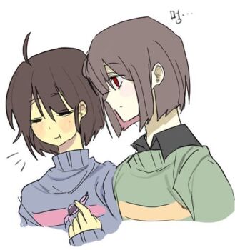 Rule 34 | 2others, ahoge, animification, black hair, black shirt, blue sweater, blush, brown hair, candy, chara (undertale), closed eyes, closed mouth, collared shirt, colored inner hair, colored skin, commentary request, eating, fingernails, food, frisk (undertale), green sweater, hair between eyes, holding, holding candy, holding food, korean commentary, long sleeves, looking at another, multicolored hair, multiple others, notice lines, pale skin, puffy long sleeves, puffy sleeves, red eyes, red hair, shirt, short hair, simple background, single stripe, smile, striped clothes, striped sweater, sweater, turtleneck, turtleneck sweater, undertale, upper body, utdr (toby fox), white background, yellow skin, yx won2