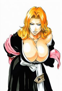 1girl bleach blue_eyes breasts chain chain_necklace cleavage female_focus grin huge_breasts jewelry leaning_forward long_hair looking_at_viewer matsumoto_rangiku mole mole_under_mouth necklace necklace_between_breasts off_shoulder open_mouth orange_hair simple_background smile solo solo_focus white_background