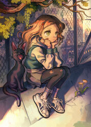 Rule 34 | 1girl, absurdres, black cat, black pantyhose, branch, brown hair, cat, chain-link fence, expressionless, fence, flower, green eyes, head rest, highres, hood, hoodie, ladybug hair ornament, long hair, looking to the side, original, outdoors, pantyhose, robomb, rooftop, shoes, sitting, skirt, sneakers, solo, torn clothes, torn pantyhose, train, yawning