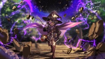 1girl 364ing absurdres black_hair bone bow bowtie braid brown_jacket cartoon_bone colored_skin commission commissioner_upload extra_arms eyepatch grey_skin hair_over_one_eye hat highres holding holding_staff jacket long_sleeves monster_girl necromancer non-web_source original pants pointy_ears puffy_long_sleeves puffy_sleeves purple_bow purple_bowtie single_braid skeb_commission skeletal_arm skeletal_hand solo staff stapled stapled_face undead valkrana white_pants witch_hat wizard