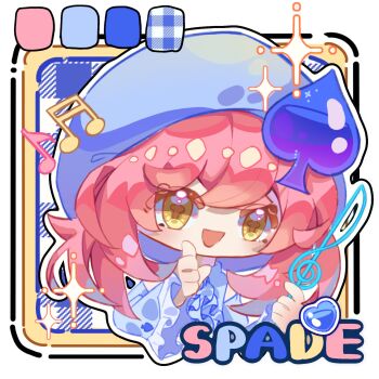 +_+ 1girl amulet_spade bare_shoulders beret blue_background blue_hat blue_shirt blue_sleeves border center_frills character_name chibi color_guide detached_sleeves eyelashes frilled_sleeves frills hair_between_eyes hair_ornament hand_on_own_chin happy hat highres hinamori_amu holding holding_musical_note light_blush long_hair long_sleeves looking_at_viewer magical_girl open_mouth outline outside_border picture_frame pink_hair plaid_background shirt shugo_chara! sleeveless sleeveless_shirt smile solo spade_hair_ornament tareme treble_clef turtleneck turtleneck_shirt upper_body white_border white_outline wide_sleeves yanshuangjun yellow_eyes