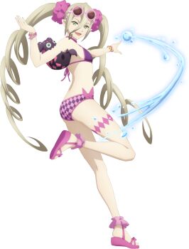 Rule 34 | 1girl, artist request, bikini, blonde hair, breasts, checkered bikini, checkered clothes, eyewear on head, from side, full body, game cg, green eyes, hair ornament, hair scrunchie, highres, hydrokinesis, long hair, looking at viewer, magic, magilou (summer swimwear) (tales), magilou (tales), official alternate costume, official art, open mouth, pink bikini, pink sandals, pointy ears, purple bikini, sandals, scrunchie, small breasts, smile, solo, standing, standing on one leg, sunglasses, swimsuit, tales of (series), tales of asteria, tales of berseria, teepo (tales), third-party source, transparent background, very long hair, water