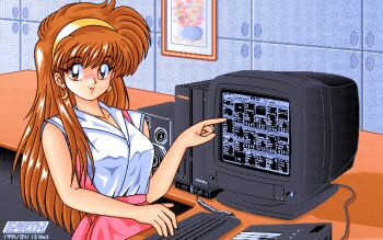 Rule 34 | 1girl, artist logo, blush, breasts, brown hair, computer keyboard, crt, dated, dated commentary, desk, earth (earth cg gallery), hairband, hand up, indoors, logo, long hair, looking at viewer, medium breasts, monitor, original, painting (object), pc-98 (style), pink skirt, pixel art, pointing, pointing at object, shirt, skirt, sleeveless, sleeveless shirt, solo, suspender skirt, suspenders, tile wall, tiles, tongue, tongue out, upper body, white shirt, yellow hairband