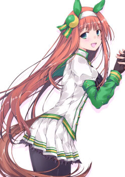 Rule 34 | 2girls, animal ears, black gloves, black pantyhose, blue eyes, blunt bangs, blush, bow, commentary request, ear covers, gloves, green eyes, green sailor collar, hair ornament, hairband, hime cut, holding hands, horse ears, horse girl, horse tail, long hair, long sleeves, looking at viewer, multiple girls, open mouth, orange hair, orange tail, pantyhose, pleated skirt, sailor collar, shirt, silence suzuka (innocent silence) (umamusume), silence suzuka (umamusume), simple background, skirt, smile, solo focus, special week (umamusume), tail, umamusume, white background, white hairband, white shirt, white skirt, yumesato makura