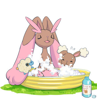 &gt;_&lt; 2girls :3 absurdres alternate_color animal_nose bath body_fur bottle brown_fur buneary closed_eyes evolutionary_line female_focus flat_chest flying_sweatdrops furry furry_female gen_2_pokemon gen_4_pokemon grass hands_on_own_cheeks hands_on_own_face happy highres japanese_text long_animal_ears lopunny mareep multiple_girls nintendo objectification open_mouth pink_fur pokemon pokemon_(creature) rabbit_ears rabbit_girl shiny_pokemon shiwashiwa_no_kinchakubukuru simple_background smile soap_bubbles sponge translation_request two-tone_fur u_u white_background yellow_fur