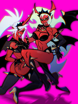 Rule 34 | 2girls, absurdres, ass, blue hair, breasts, colored skin, demon girl, demon horns, demon wings, green eyes, green hair, highres, horns, jugenxiannu196, kneesocks (psg), large breasts, long hair, looking at viewer, medium breasts, multiple girls, panty &amp; stocking with garterbelt, red skin, revealing clothes, scanty (psg), tongue, tongue out, wings