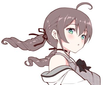 Rule 34 | 1girl, ahoge, aqua eyes, black bow, black bowtie, bow, bowtie, brown hair, commentary, drill hair, grey shirt, hair ribbon, hololive, ishida aya, jacket, long hair, looking at viewer, mixed-language commentary, natsuiro matsuri, natsuiro matsuri (casual), off shoulder, official alternate costume, parted lips, ribbon, shirt, simple background, solo, twin drills, upper body, virtual youtuber, white background, white jacket