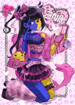 alternate_costume animal_print bag bangle belt black_hair blue_skin blunt_bangs bow bracelet breasts cellphone cellphone_charm character_charm charm_(object) cleavage colored_skin crop_top dog dolphin ena_(ena) ena_(series) ena_(species) ena_(web_series) feather_boa flip_phone floating_head flower gyaru handbag heart high_heels highres hourglass_dog jewelry leaf leg_warmers legwear_garter leopard_print long_hair low_poly moony_(ena) multicolored_skin necklace pet phindoll phone pink_flower pink_rose rose sad_ena shirt side_ponytail single_fishnet_legwear single_thighhigh skirt split-color_skin thighhighs two-tone_skin usagimarumei yellow_skin