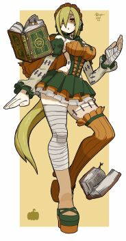 bandaged_hand bandaged_leg bandages bare_shoulders blonde_hair blush bone_nigi book breast_cutout breasts cape clothing_cutout commentary_request cross_cutout curious dress floating floating_book floating_object full_body green_dress green_shoes hair_over_one_eye high_heels highres hip_vent long_hair maid maid_headdress medium_breasts miniskirt orange_dress orange_eyes orange_thighhighs original platform_shoes ribbed_thighhighs ribbon shoes signature single_thighhigh skindentation skirt standing standing_on_one_leg stitches thighhighs thighs triangle_mouth very_long_hair yellow_background