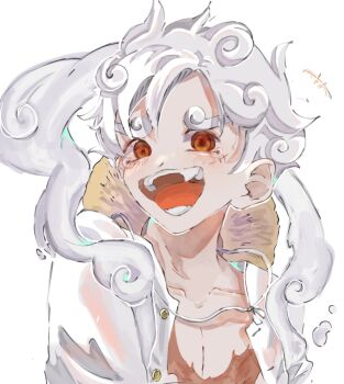 +++ 1boy commentary_request gear_fifth hagoromo hat male_focus monkey_d._luffy one_piece open_mouth scar scar_on_chest scar_on_face shawl shirt short_hair simple_background smile solo straw_hat tears thick_eyebrows u_mi031 upper_body white_background white_hair white_shirt