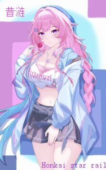 1girl black_skirt blue_hat blue_jacket breasts candy cleavage commentary_request copyright_name cyrene_(honkai:_star_rail) cyrene_(nylon_japan)_(honkai:_star_rail) cyrene_(ripples_of_past_reverie)_(honkai:_star_rail) diamond-shaped_pupils diamond_(shape) food fu_ai_er_sama hat holding holding_candy holding_food holding_lollipop honkai:_star_rail honkai_(series) jacket large_breasts lollipop long_hair midriff miniskirt navel official_alternate_costume pink_hair purple_eyes skirt smile solo symbol-shaped_pupils thighs very_long_hair