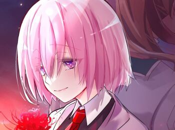 1boy 1girl camellia commentary eyes_visible_through_hair fate/grand_order fate_(series) flower kimiori_(yuapple241) light_smile looking_down mash_kyrielight medium_hair necktie orange_hair overlighting pink_hair purple_eyes red_necktie romani_archaman shadow short_hair tearing_up upper_body wing_collar