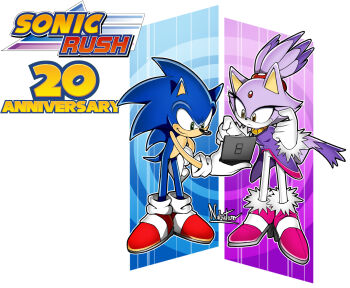 1boy 1girl animal_ears anniversary artist_name blaze_the_cat blue_fur cat_ears cat_girl cat_tail copyright_name forehead_jewel furry furry_female furry_male gloves green_eyes handheld_game_console highres nekutar0 nintendo_ds pink_shoes ponytail purple_fur red_shoes shoes smile sonic_(series) sonic_rush sonic_the_hedgehog tail white_gloves