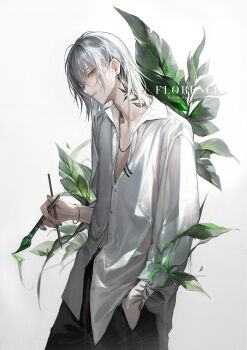 1boy absurdres black_pants buttons collared_shirt commentary cowboy_shot green_eyes hand_in_pocket highres holding holding_paintbrush kkamiiz leaf long_hair long_sleeves looking_at_viewer male_focus original paintbrush pants parted_lips shirt simple_background solo white_background white_hair white_shirt