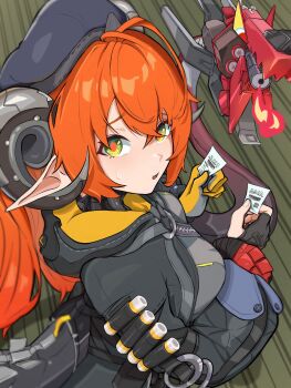 2girls ammunition asymmetrical_gloves black_gloves black_hat black_horns black_shrug blush breasts curled_horns dragon_girl dragon_horns fingerless_gloves fire gloves goat_horns green_eyes hair_between_eyes hat highres holding holding_paper horns large_breasts long_hair looking_at_viewer magus_(zenless_zone_zero) mechanical_horns mechanical_tail mismatched_gloves multiple_girls open_mouth orange_hair orange_pupils orphie_magnusson paper pointy_ears potyaskeleton shrug_(clothing) single_fingerless_glove sweatdrop tail twintails yellow_gloves zenless_zone_zero