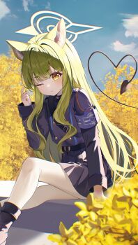 1girl absurdres amelcia_(pyj5341t) animal_ears armband blue_archive cat_ears commentary_request halo heart heart_tail highres hikari_(blue_archive) long_hair long_sleeves one_eye_closed pantyhose skirt solo tail