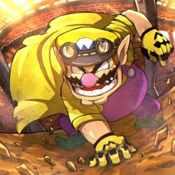 Rule 34 | 1boy, brick wall, cleft chin, coat, facial hair, gloves, goggles, goggles on headwear, green footwear, grin, hat, highres, mario (series), mustache, nintendo, overalls, pointy ears, purple overalls, shirt, smile, thick eyebrows, two-tone gloves, wario, yellow coat, yellow gloves, yellow hat, yellow shirt, zikurorobenzen