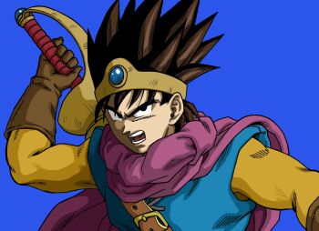 Rule 34 | 1boy, black eyes, black hair, brown gloves, cape, circlet, commentary request, dragon quest, dragon quest iii, gloves, hero (dq3), highres, holding, holding sword, holding weapon, lee (dragon garou), male focus, official style, open mouth, purple cape, solo, spiked hair, sword, toriyama akira (style), upper body, weapon