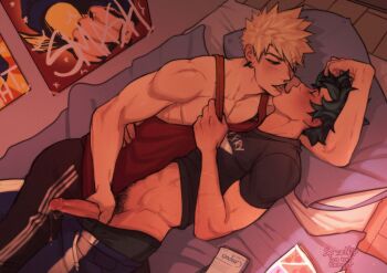 2boys bakugou_katsuki black_pants black_shirt blonde_hair blue_pants body_freckles boku_no_hero_academia clothes_pull commentary cum cum_string erection freckles green_hair green_male_underwear handjob highres kiss male_focus male_underwear midoriya_izuku midriff mismatched_eyebrows multiple_boys navel_hair on_bed open_mouth pants pants_pull pectoral_cleavage pectorals penis pubic_hair red_tank_top shirt short_hair sidepec spacenipnops spiked_hair symbol-only_commentary tank_top track_pants underwear yaoi