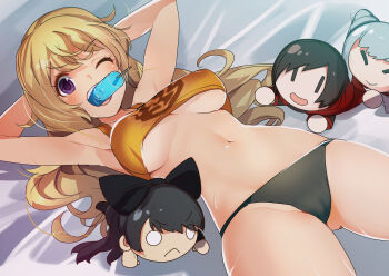;d armpits arms_behind_head arms_up black_panties blake_belladonna blonde_hair breasts cameltoe character_doll crop_top doll food gluteal_fold highres large_breasts long_hair mouth_hold navel one_eye_closed open_mouth panties popsicle purple_eyes ruby_rose rwby smile tank_top underboob underwear weiss_schnee yamacchi yang_xiao_long