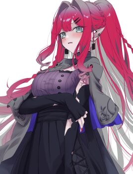 1girl arm_at_side arm_under_breasts baobhan_sith_(fate) baobhan_sith_(swimsuit_pretender)_(second_ascension)_(fate) black_skirt black_sleeves blush braid buttons capelet commentary_request cowboy_shot detached_sleeves ear_piercing earrings fang fate/grand_order fate_(series) grey_capelet grey_eyes hair_intakes hair_ornament hairclip hand_on_own_arm highres indoors jewelry kpaoi lamp long_hair looking_at_viewer multicolored_hair nail_polish no_eyewear open_mouth piercing pink_hair pleated_skirt pointy_ears ponytail purple_shirt red_nails ribbed_shirt shirt skin_fang skirt sleeveless sleeveless_shirt slit_pupils solo two-sided_capelet two-tone_hair white_background