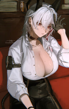 1girl absurdres ahoge alternate_breast_size_(larger) arm_pouch black_choker black_gloves black_horns black_pants black_tail breasts can canned_coffee choker cleavage collarbone commentary_request curled_horns drink_can earrings gloves grey_hair hair_between_eyes half_gloves hand_up high-waist_pants highres horns jewelry key_earrings large_breasts long_hair mole mole_under_eye multicolored_hair pants parted_lips red_eyes sadiwosan shirt sitting solo streaked_hair tight_clothes tight_pants white_shirt wuthering_waves zani_(wuthering_waves)