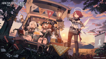 3girls :d absurdres arknights black_gloves black_pantyhose black_shirt black_skirt blonde_hair blue_sky bright_pupils cameo camping ceobe_(arknights) character_doll cloud cloudy_sky company_name copyright_name cow_girl cow_horns croissant_(arknights) detached_wings doll energy_wings evening exusiai_(arknights) fingerless_gloves flower food fried_egg gloves green_eyes hair_over_one_eye halo hand_on_own_hip highres holding holding_ladle holding_stick holding_utensil horns id_card ifrit_(arknights) jacket ladle lantern lily_of_the_valley marshmallow motor_vehicle mountainous_horizon multiple_girls official_art one_eye_covered open_mouth orange_eyes orange_hair outdoors pantyhose penguin_logistics_logo promotional_art red_hair rhodes_island_logo_(arknights) rice roasted_marshmallow shirt short_hair short_sleeves sitting skirt sky smile standing stick string_of_flags sunset teeth tree twintails upper_teeth_only van watermark white_flower white_jacket white_pupils whitebear wings yellow_eyes