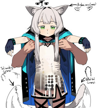 1girl absurdres afterimage animal_ear_fluff animal_ears arknights arrow_(symbol) blue_gloves cape cat_ears cat_tail commentary disembodied_hand dress ears_down english_text expressionless fingerless_gloves flat_chest gloves green_eyes highres infection_monitor_(arknights) lifting_person long_hair looking_at_viewer motion_lines rosmontis_(arknights) ruppu short_dress simple_background speed_lines straight-on tail white_background white_dress white_hair