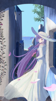 1girl absurdres blue_sky commentary_request diamond-shaped_pupils diamond_(shape) dress elysia_(herrscher_of_human:_ego)_(honkai_impact) elysia_(honkai_impact) elysia_(summer_2025)_(honkai_impact) falling_petals flower hat highres holding holding_flower honkai_(series) honkai_impact_3rd long_hair looking_at_viewer neo_yksw ocean official_alternate_costume outdoors petals pink_flower pink_hair pink_tulip purple_eyes sky solo sun_hat sundress symbol-shaped_pupils tulip very_long_hair white_dress white_hat