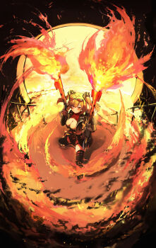 Rule 34 | 1girl, absurdres, black gloves, black jacket, black skirt, black thighhighs, blonde hair, blush, breasts, burnice white, cleavage, clenched teeth, eyewear on head, fingerless gloves, fire, flamethrower, full body, gloves, hair between eyes, highres, holding flamethrower, holding weapon, jacket, large breasts, long hair, looking at viewer, mamo (user jjca7524), open clothes, open jacket, red-tinted eyewear, red eyes, skirt, smile, solo, sunglasses, teeth, thighhighs, tinted eyewear, zenless zone zero